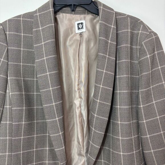 Anne Klein Tan Brown Plaid Windowpane Blazer Jacket XL Open Front Old Money - Picture 3 of 10